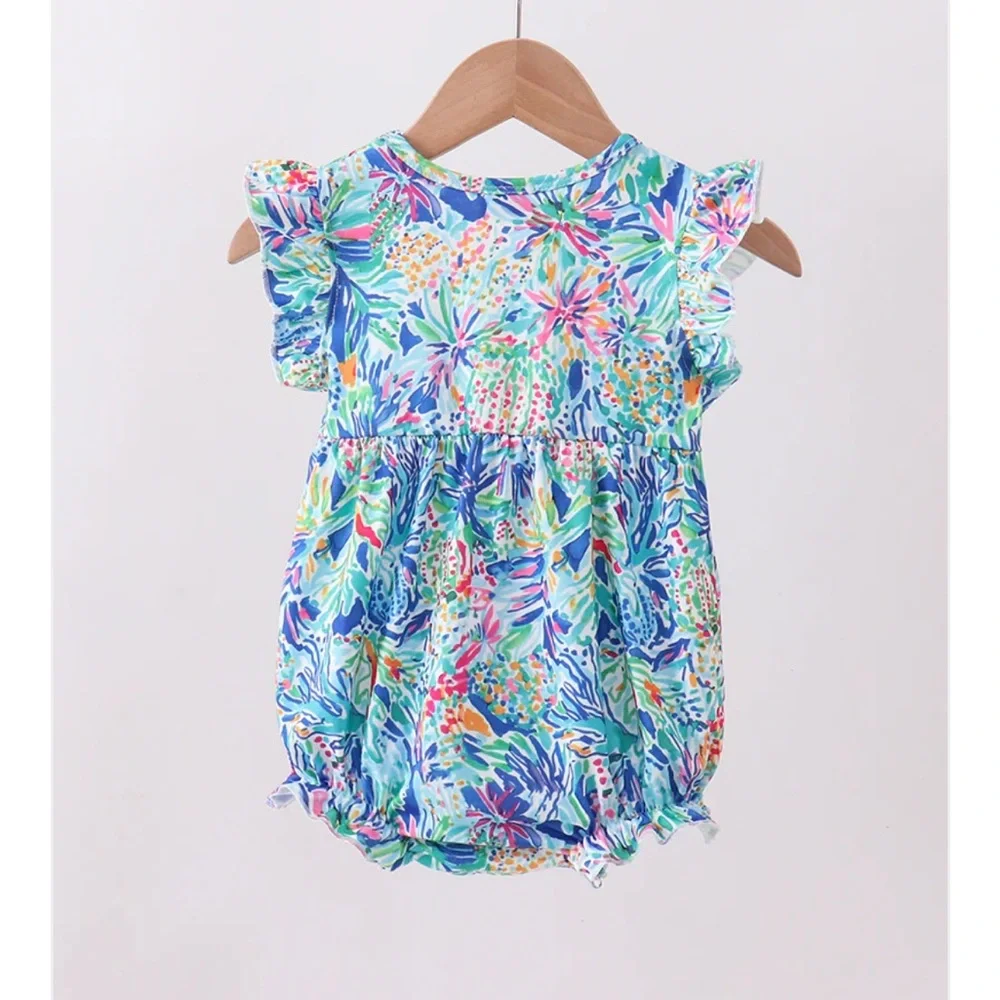 Tropical Floral Ruffle-Sleeve Baby Bubble Romper - Blue/Multicolor Girls 12M NWT